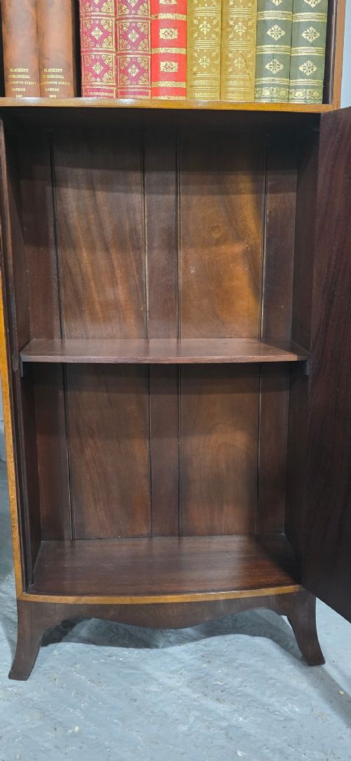A pair of tall, narrow mahogany open bookcases featuring inlaid fan motifs at the arched top, adjustable shelves filled with books, and lower cupboard doors. View VI