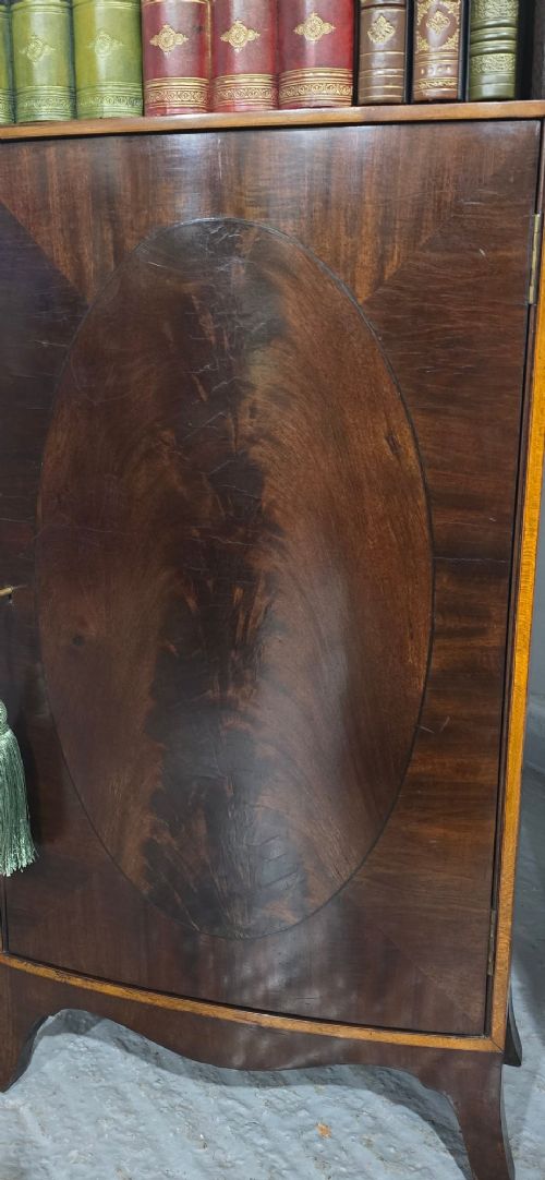 A pair of tall, narrow mahogany open bookcases featuring inlaid fan motifs at the arched top, adjustable shelves filled with books, and lower cupboard doors. View IX