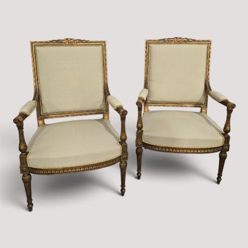 Super Quality Pair French Gilt Open Armchairs