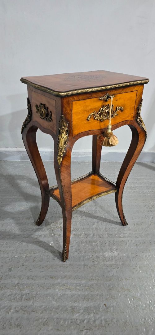 fig 1. A French Louis XV revival style freestanding jewellery table crafted from walnut veneer with gilt-bronze ormolu mounts and cabriole legs.