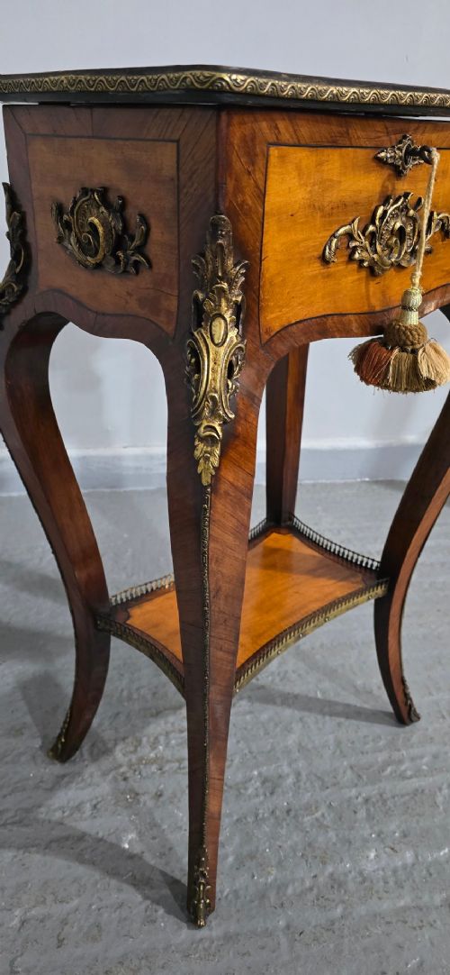 A French Louis XV revival style freestanding jewellery table crafted from walnut veneer with gilt-bronze ormolu mounts and cabriole legs. View III