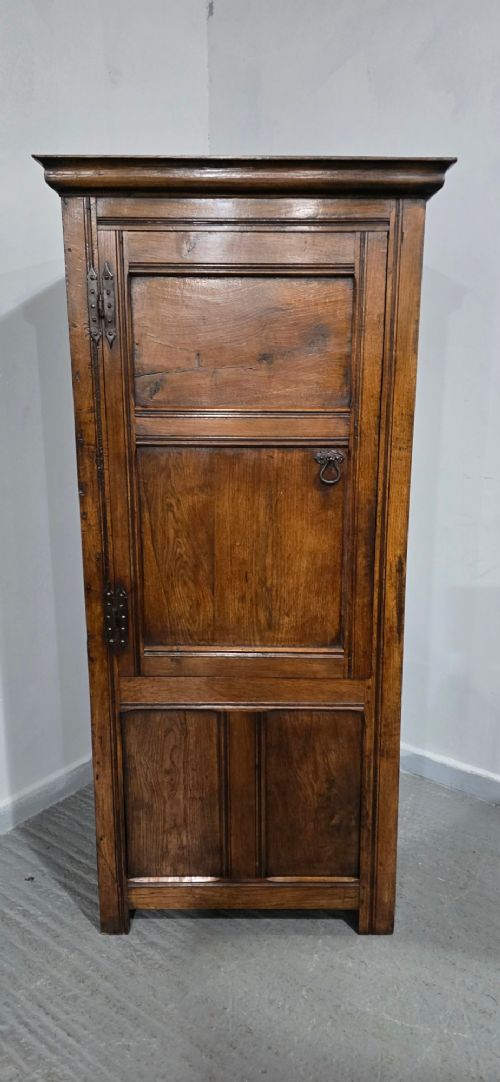 A tall, narrow antique dark oak food cupboard featuring panelled doors, hand-forged iron hinges, a metal ring drop handle, and a top moulded cornice. View III