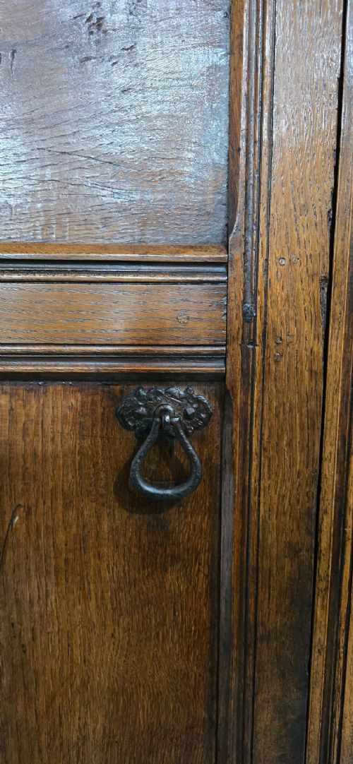 A tall, narrow antique dark oak food cupboard featuring panelled doors, hand-forged iron hinges, a metal ring drop handle, and a top moulded cornice. View VII