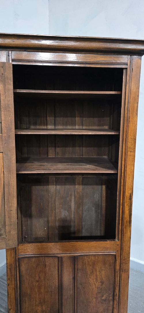 A tall, narrow antique dark oak food cupboard featuring panelled doors, hand-forged iron hinges, a metal ring drop handle, and a top moulded cornice. View IX