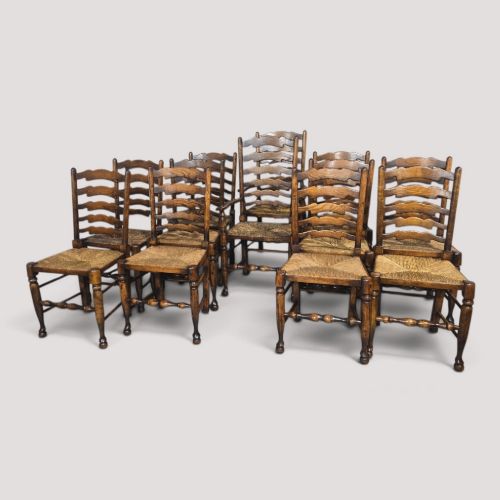 Large  Set Twelve Oak Ladder Backed Dining Chairs