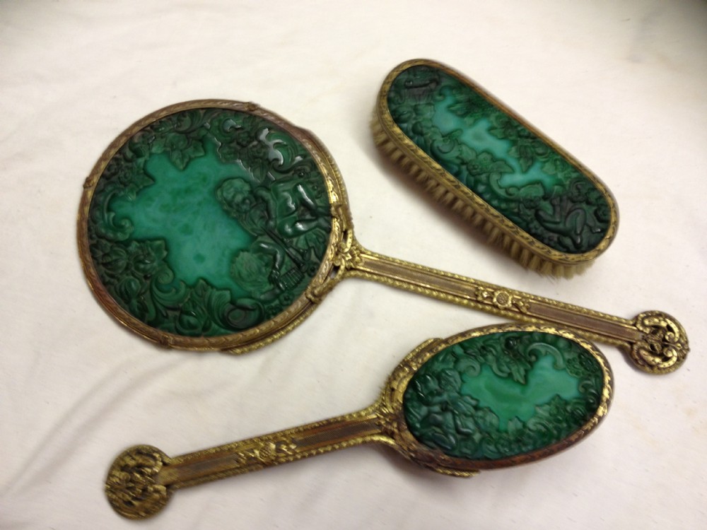 French Gilt Metal and Malachite Glass Mirror Set