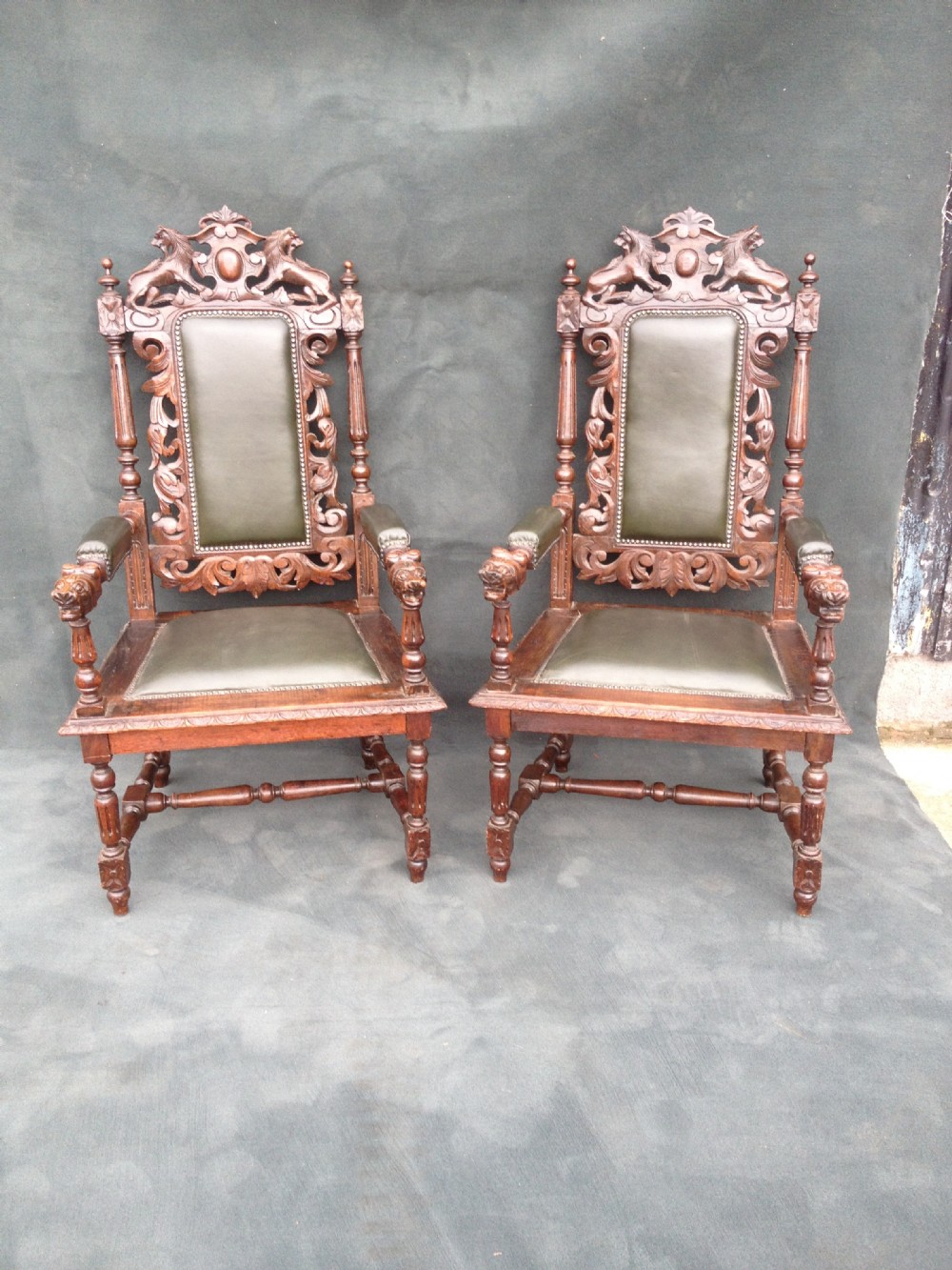 Pair Oak Throne Chairs