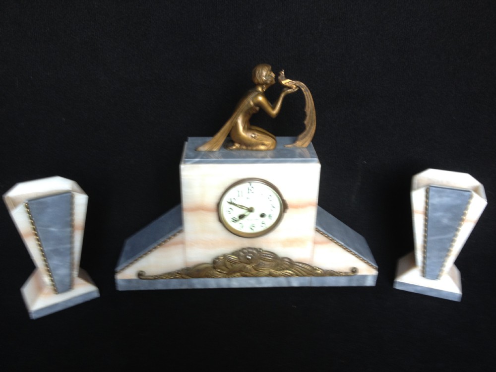 Stunning Art Deco Marble Clock Garnature 