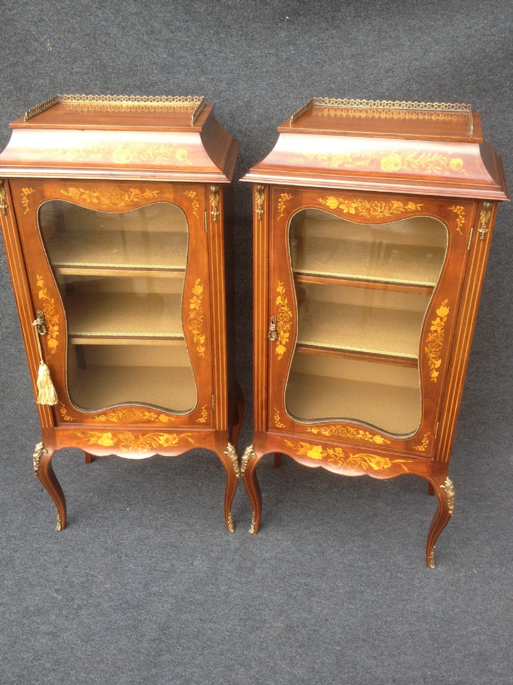 Superb Quality Pair Marquetry Display Cabinets