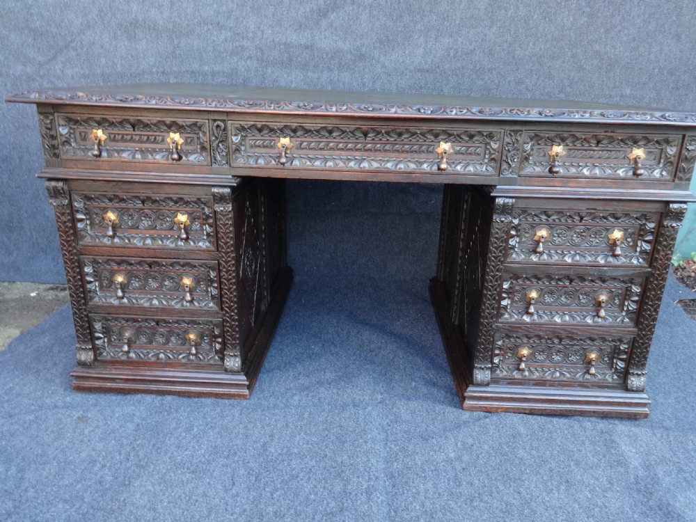 Carved Oak Partners Desk by 'Edwards and Roberts'
