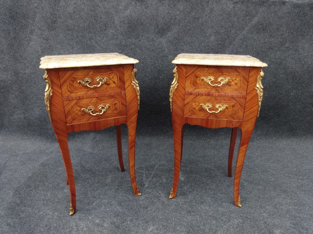 Pair Tulipwood Marquetry Bedside Cabinets