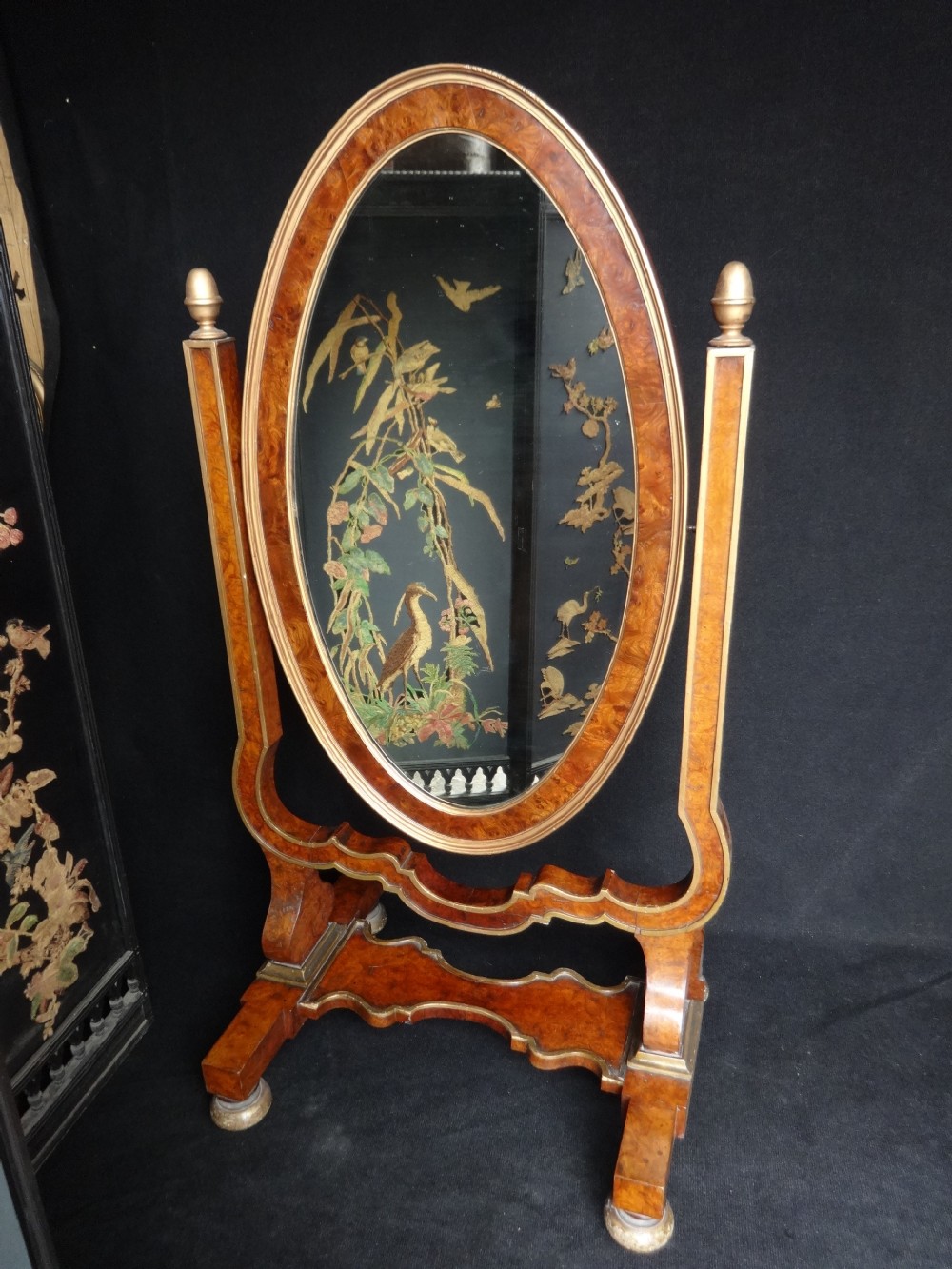 Burr Walnut and Gilt Cheval Mirror