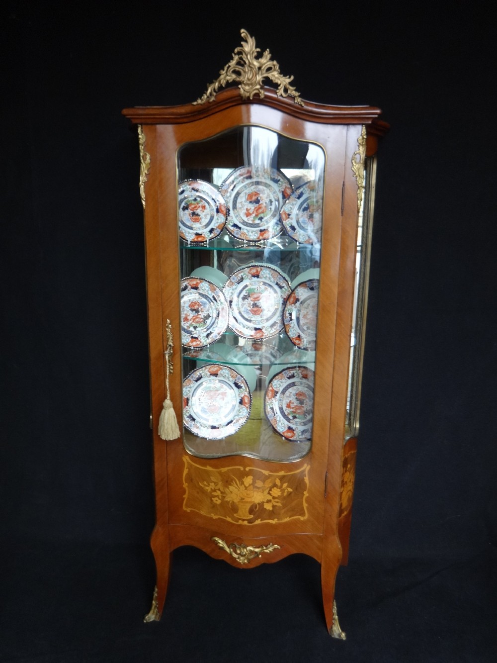 Victorian Serpentine Marquetry Vitreen/Dispay Cabinet
