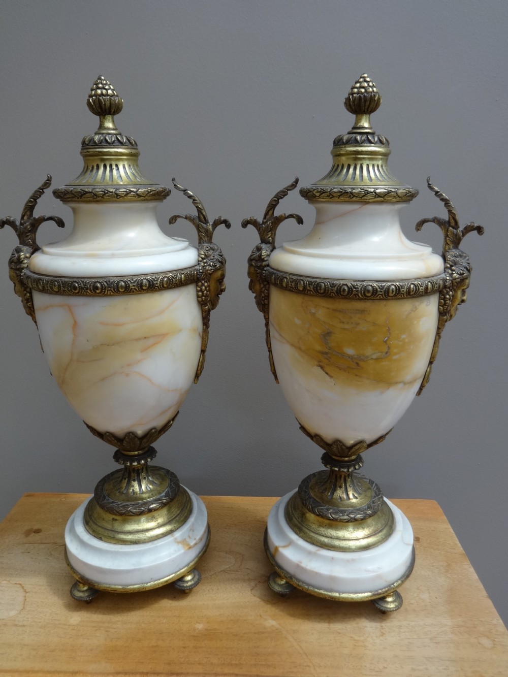 Pair Gilt Metal and Marble Urns/Cassolettes