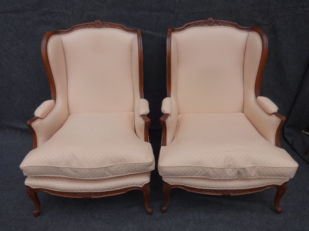 Pair French Show Frame Wing Armchairs
