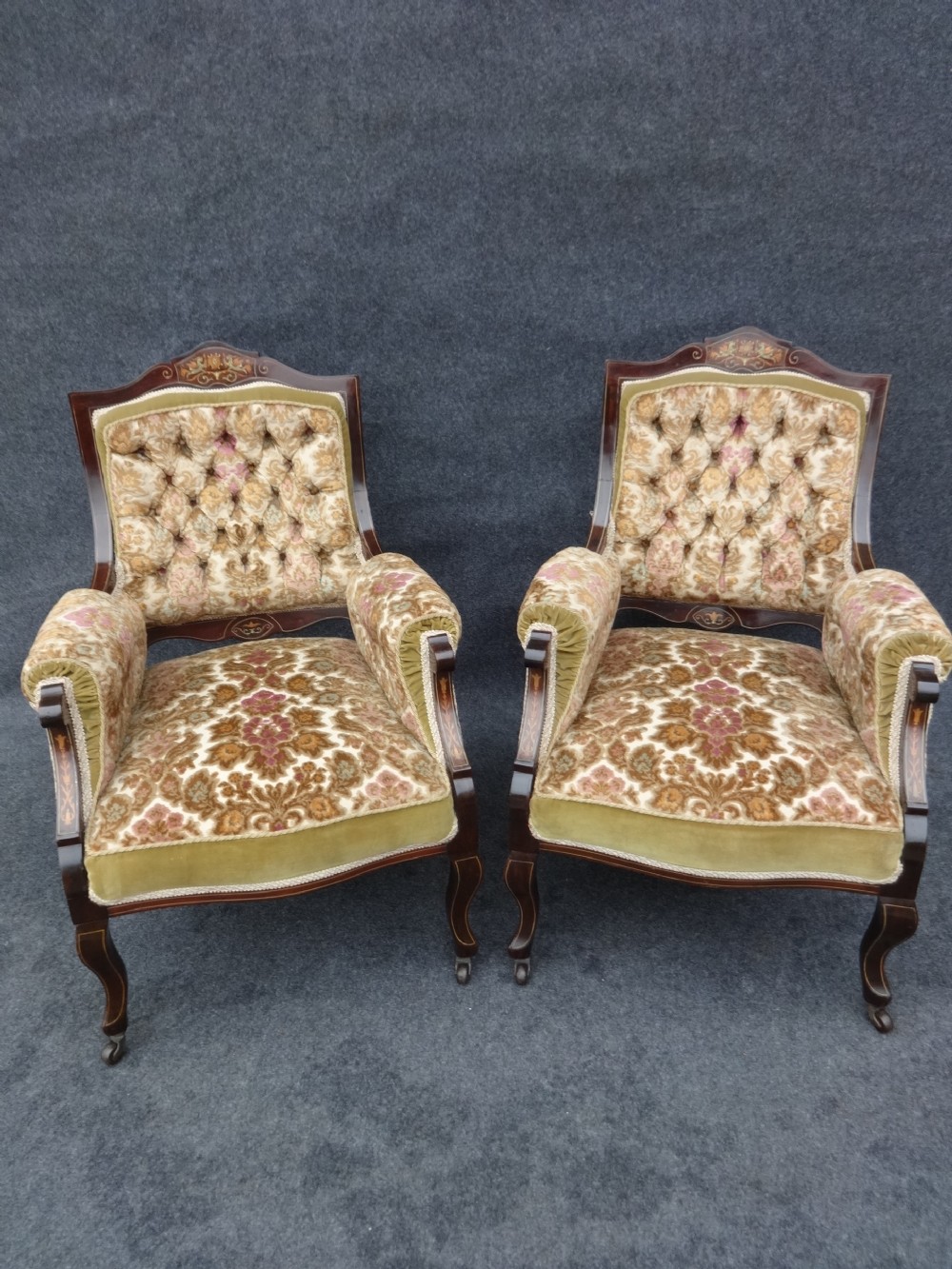 Pair Rosewood Inlaid Armchairs