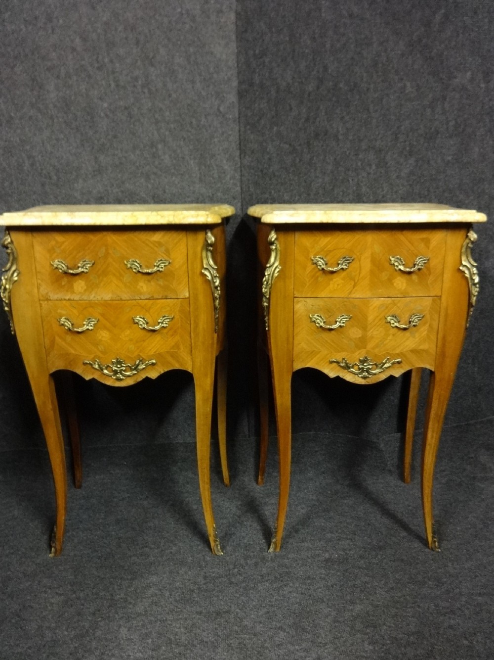 Pair French Marquetry Bedside Chests