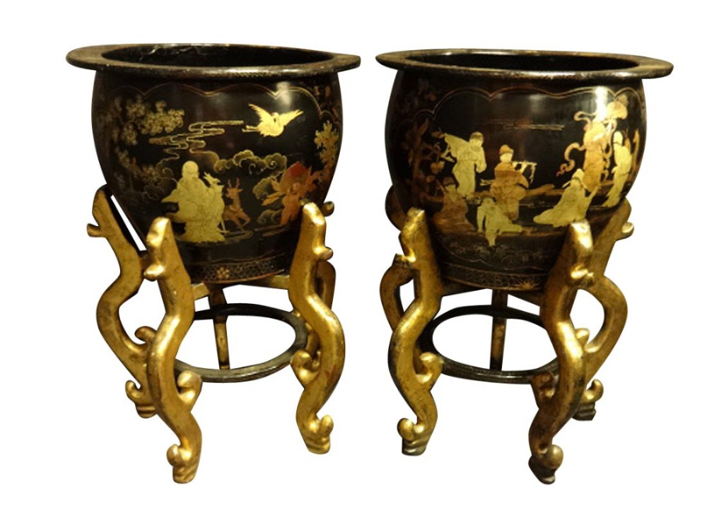 Magnificent Pair Chinese Laquered Planters