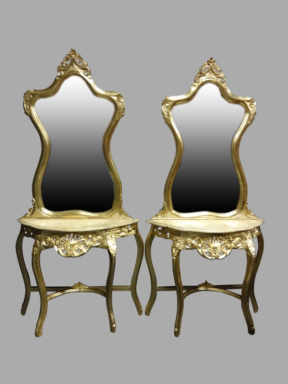Pair French Giltwood Console Tables and Mirrors