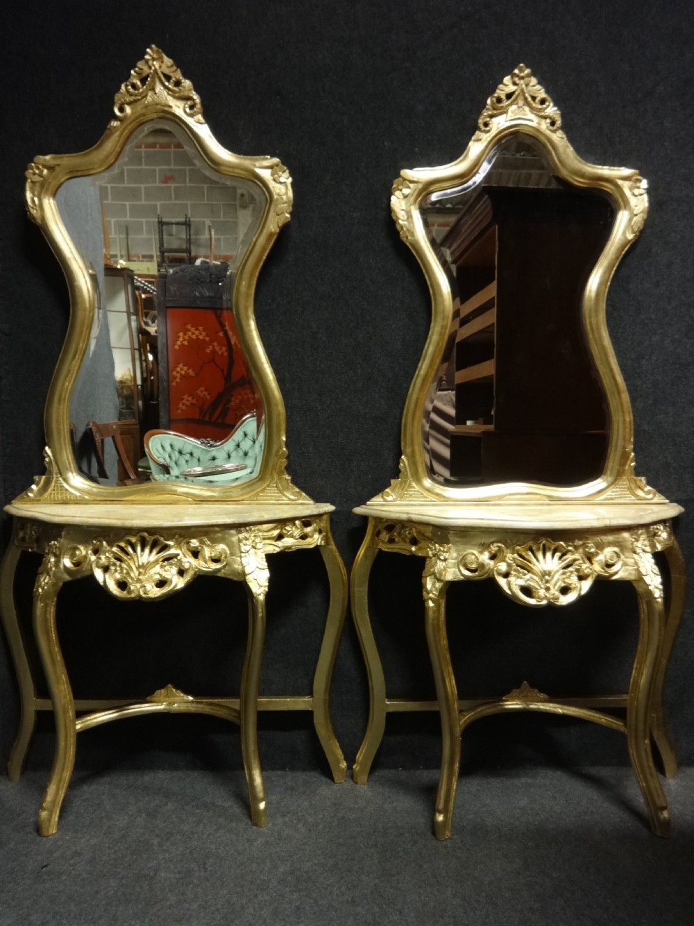 Pair French Giltwood Console Tables and Mirrors View II