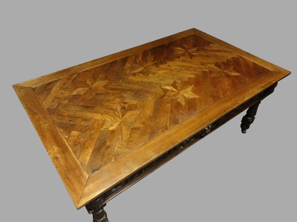 Phenomenal Carved Oak and Parquet Centre Table View II