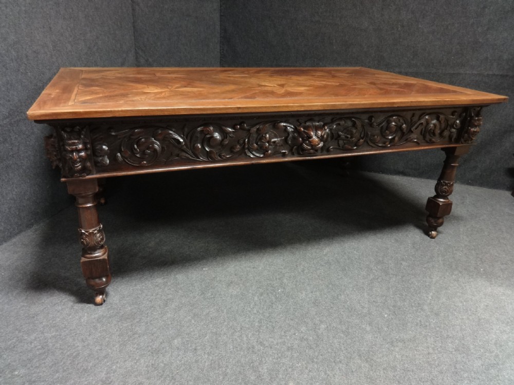 Phenomenal Carved Oak and Parquet Centre Table View IV