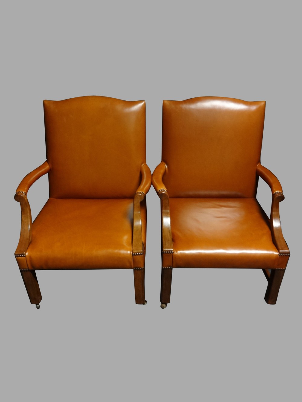 Superb Pair Leather and Mahogany Library Chairs View II