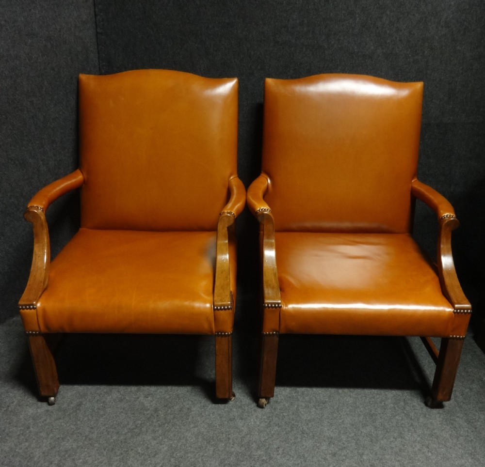 Superb Pair Leather and Mahogany Library Chairs View III