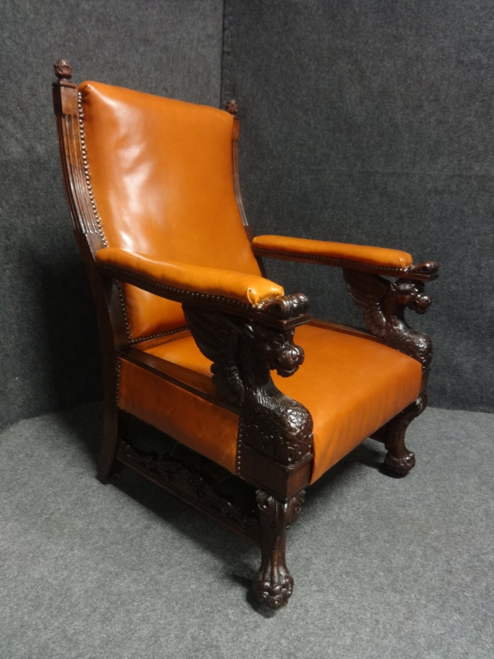 Outstanding Pair Oak and Leather Library Chairs in the manner of Thomas Hope View III