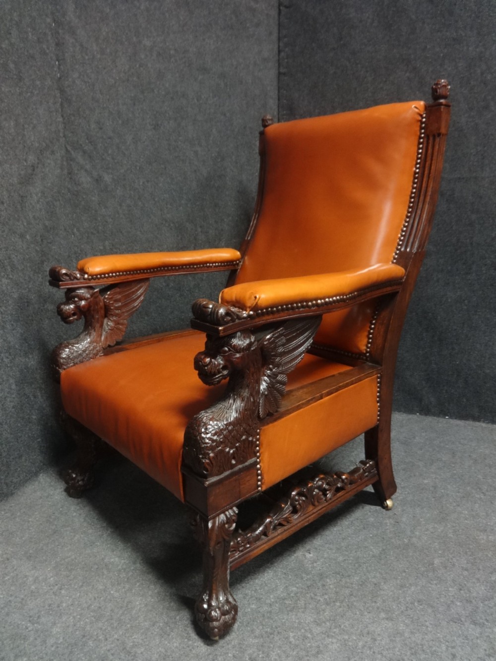 Outstanding Pair Oak and Leather Library Chairs in the manner of Thomas Hope View IV