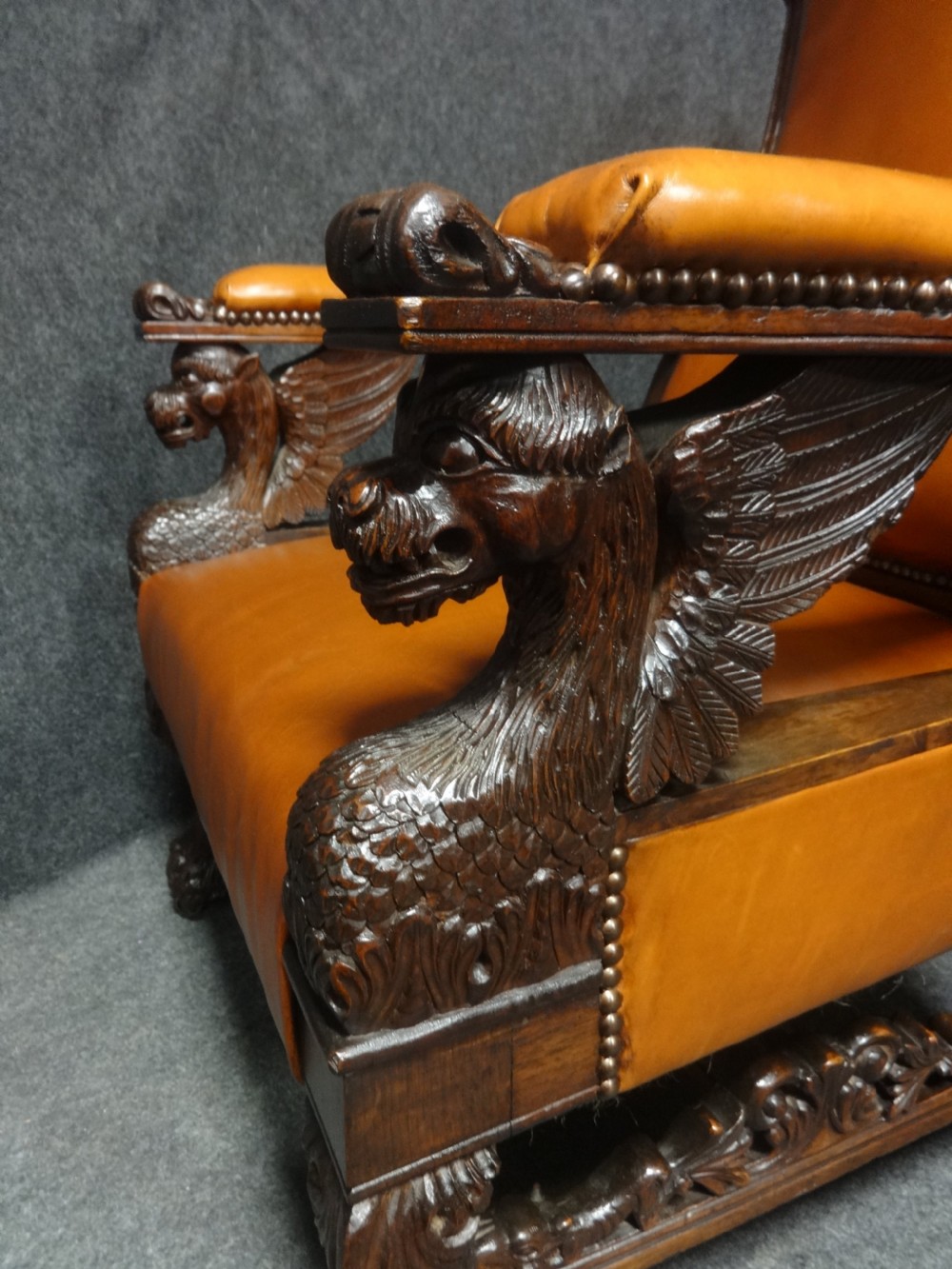 Outstanding Pair Oak and Leather Library Chairs in the manner of Thomas Hope View V