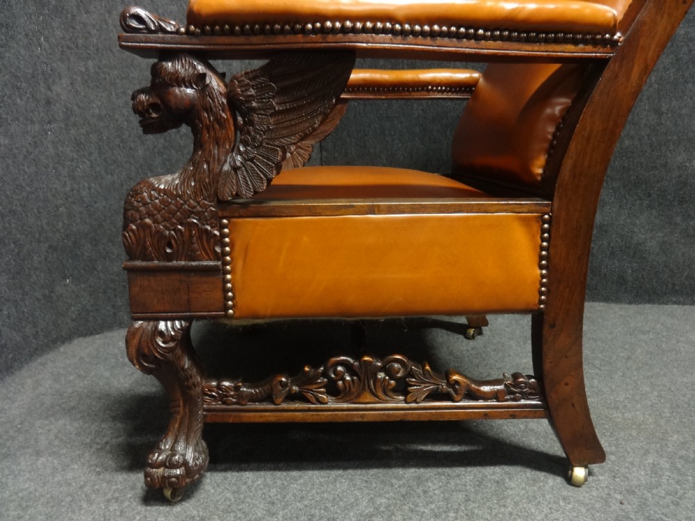 Outstanding Pair Oak and Leather Library Chairs in the manner of Thomas Hope View IX