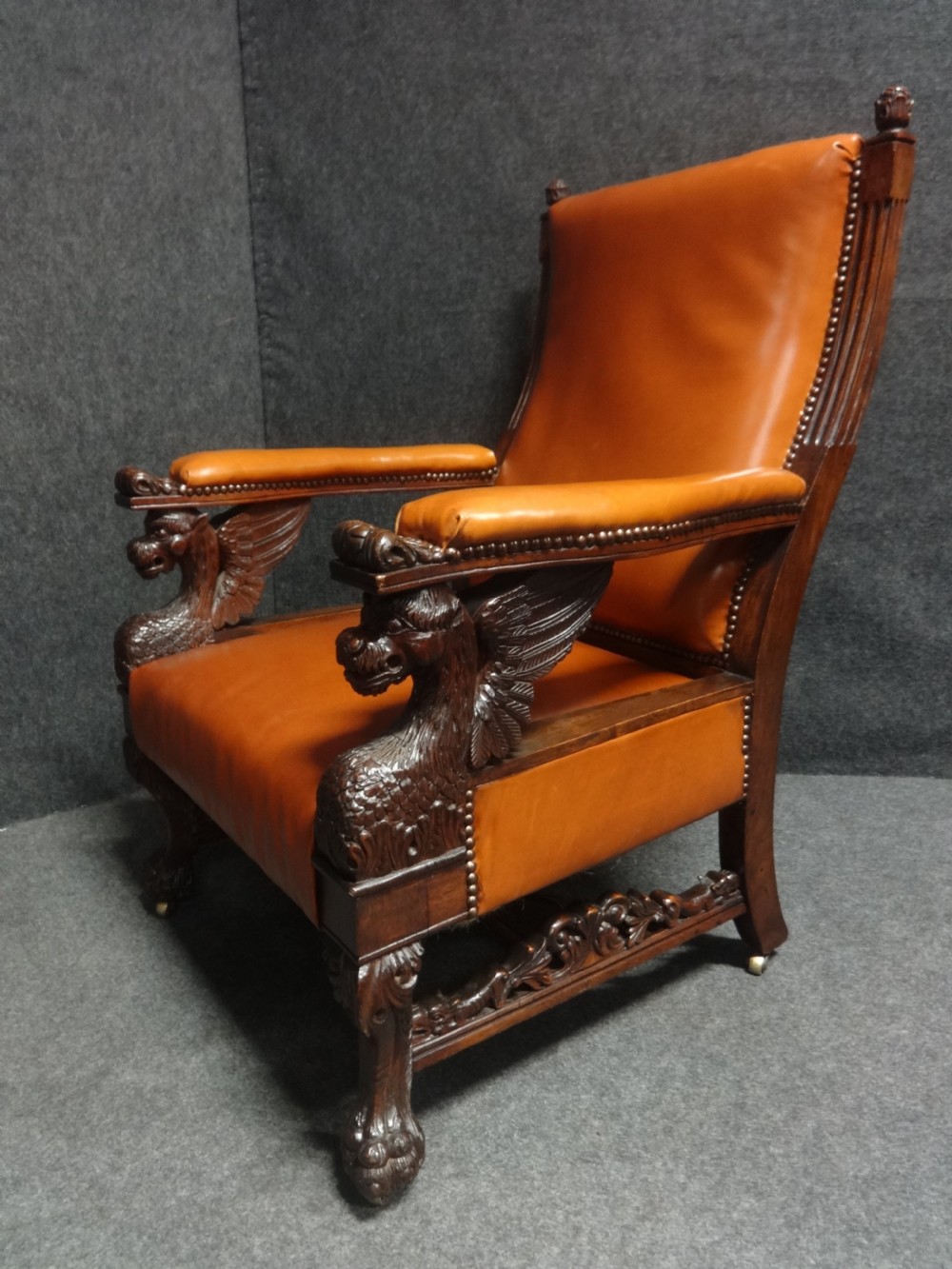 Outstanding Pair Oak and Leather Library Chairs in the manner of Thomas Hope View XII