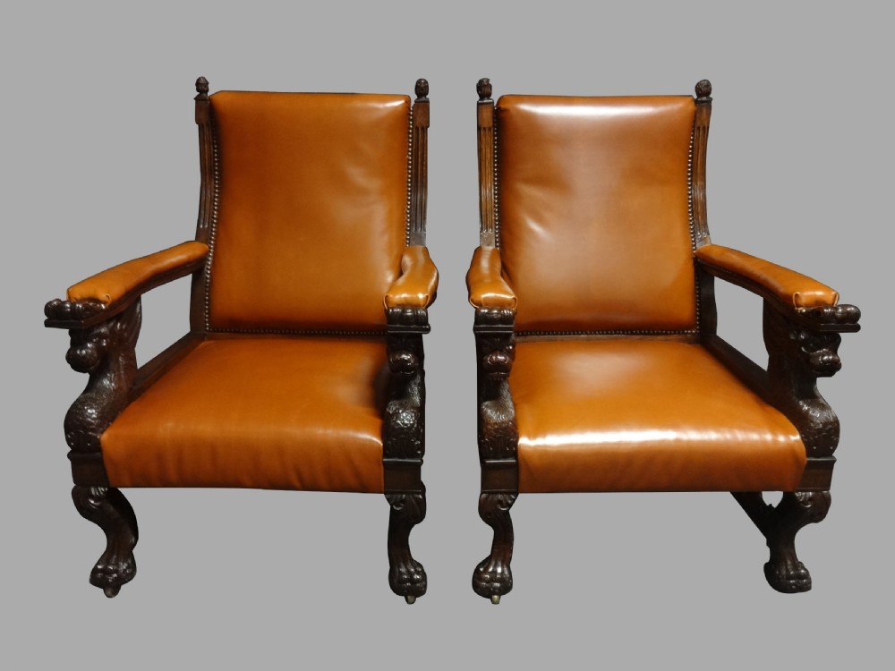 Outstanding Pair Oak and Leather Library Chairs in the manner of Thomas Hope View XIII