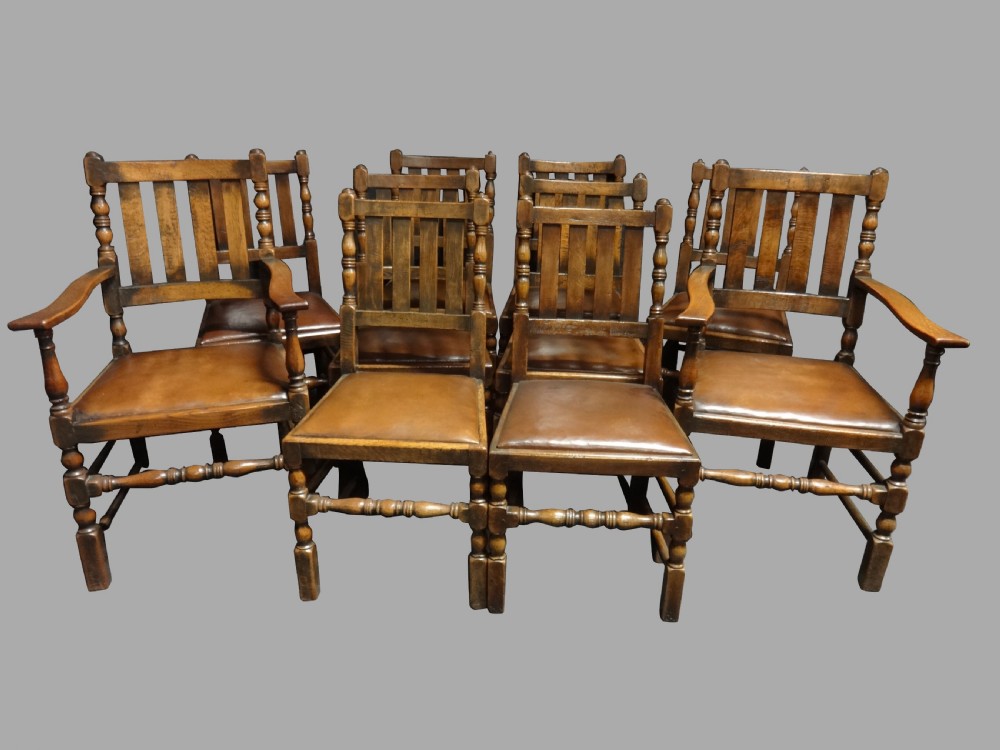 Set Ten Oak and Leather Dining Chairs