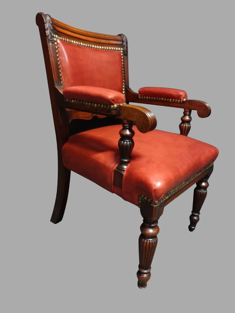 Superb Walnut Desk Chair Covered in Red Hide  View II