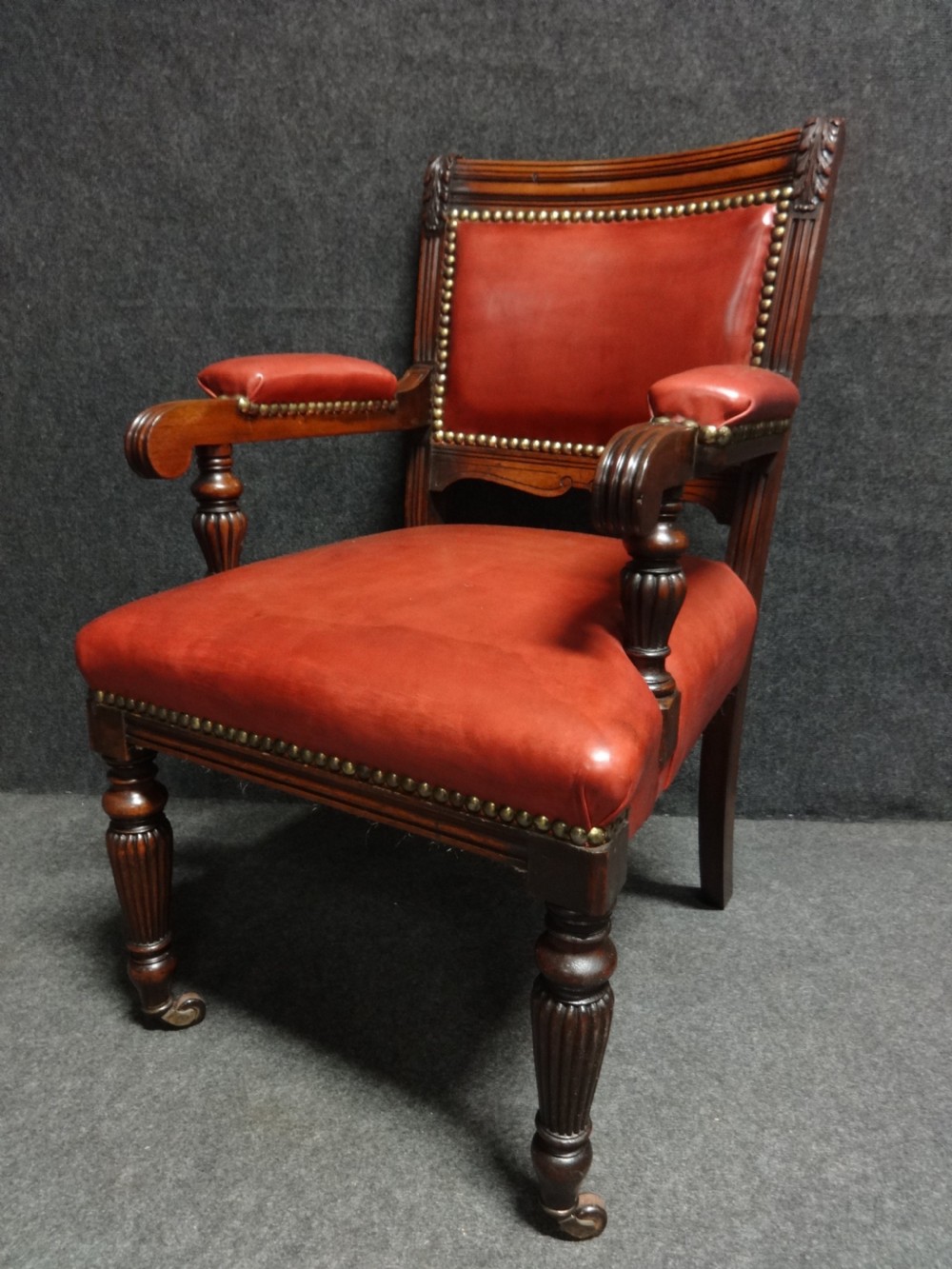 Superb Walnut Desk Chair Covered in Red Hide  View III