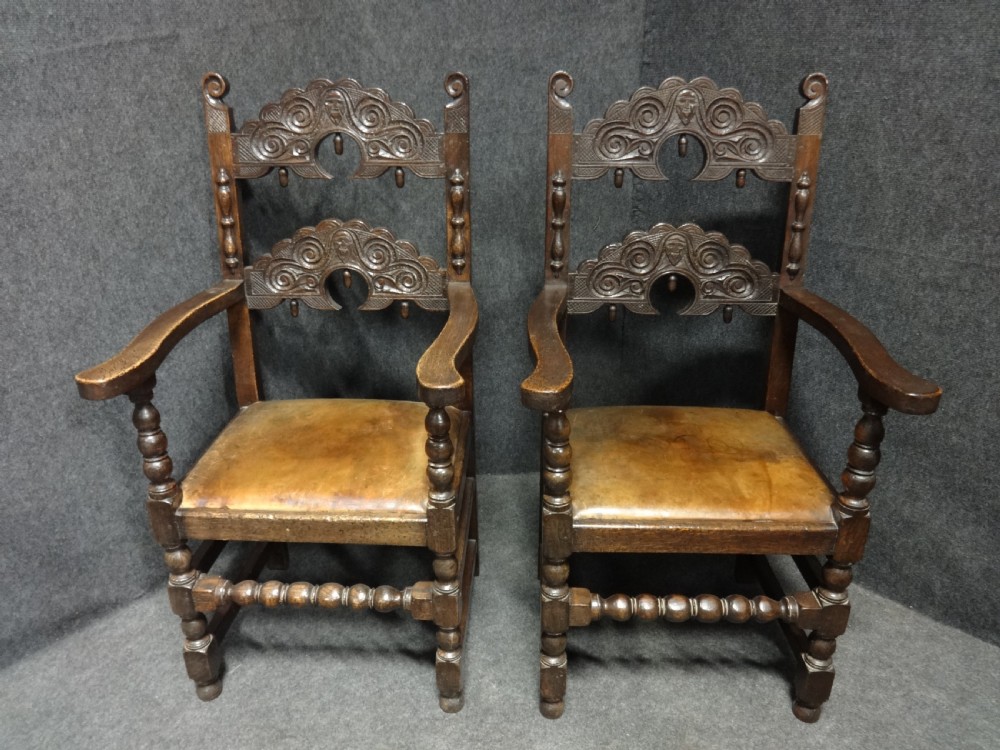 Pair Oak Carver Hall Chairs View II
