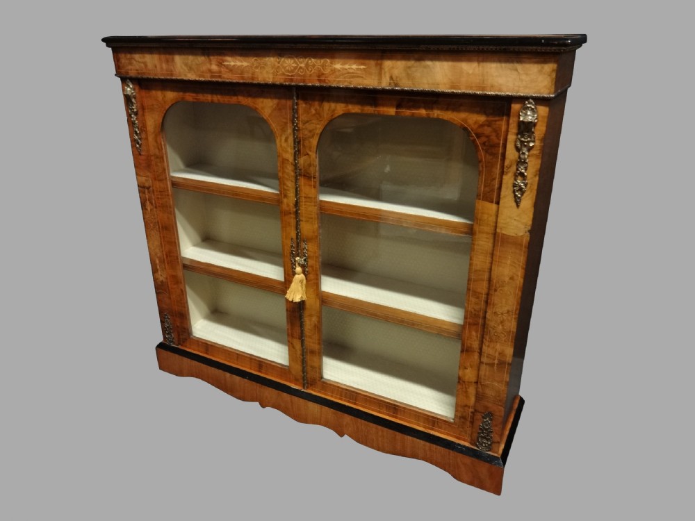 A Good Victorian Inlaid Walnut Two Door Pier Bookcase