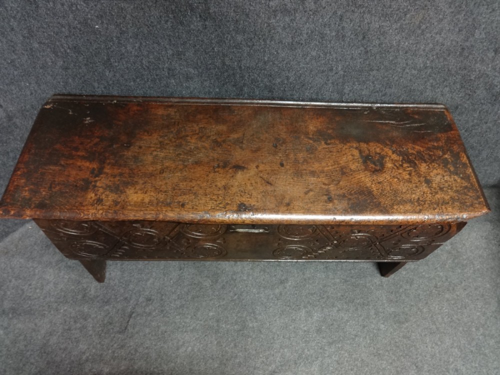 C17th Period Oak  Coffer Chest with Original Carving View II