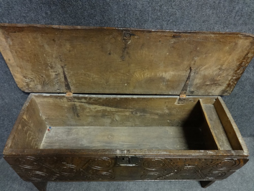 C17th Period Oak  Coffer Chest with Original Carving View III