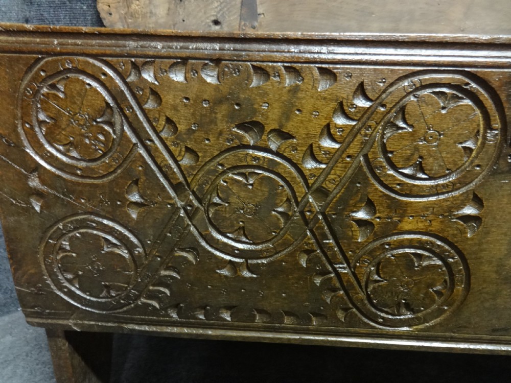 C17th Period Oak  Coffer Chest with Original Carving View V