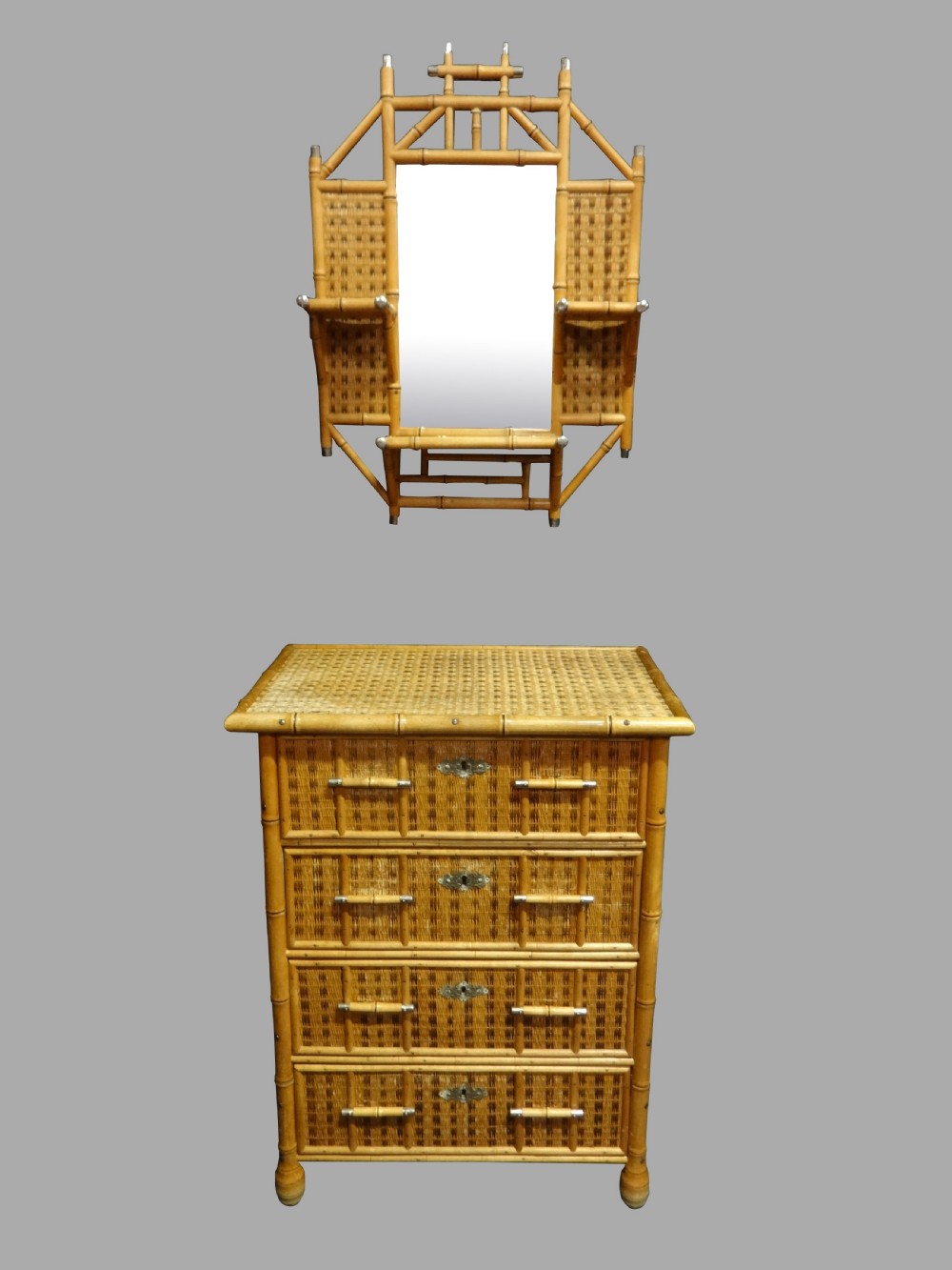 Very good Bamboo Chest of Drawers with Matching Mirror