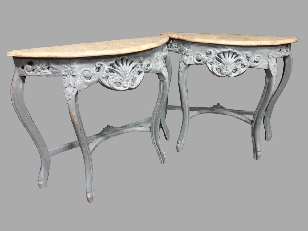 Pair Painted Console Table with Marble Tops