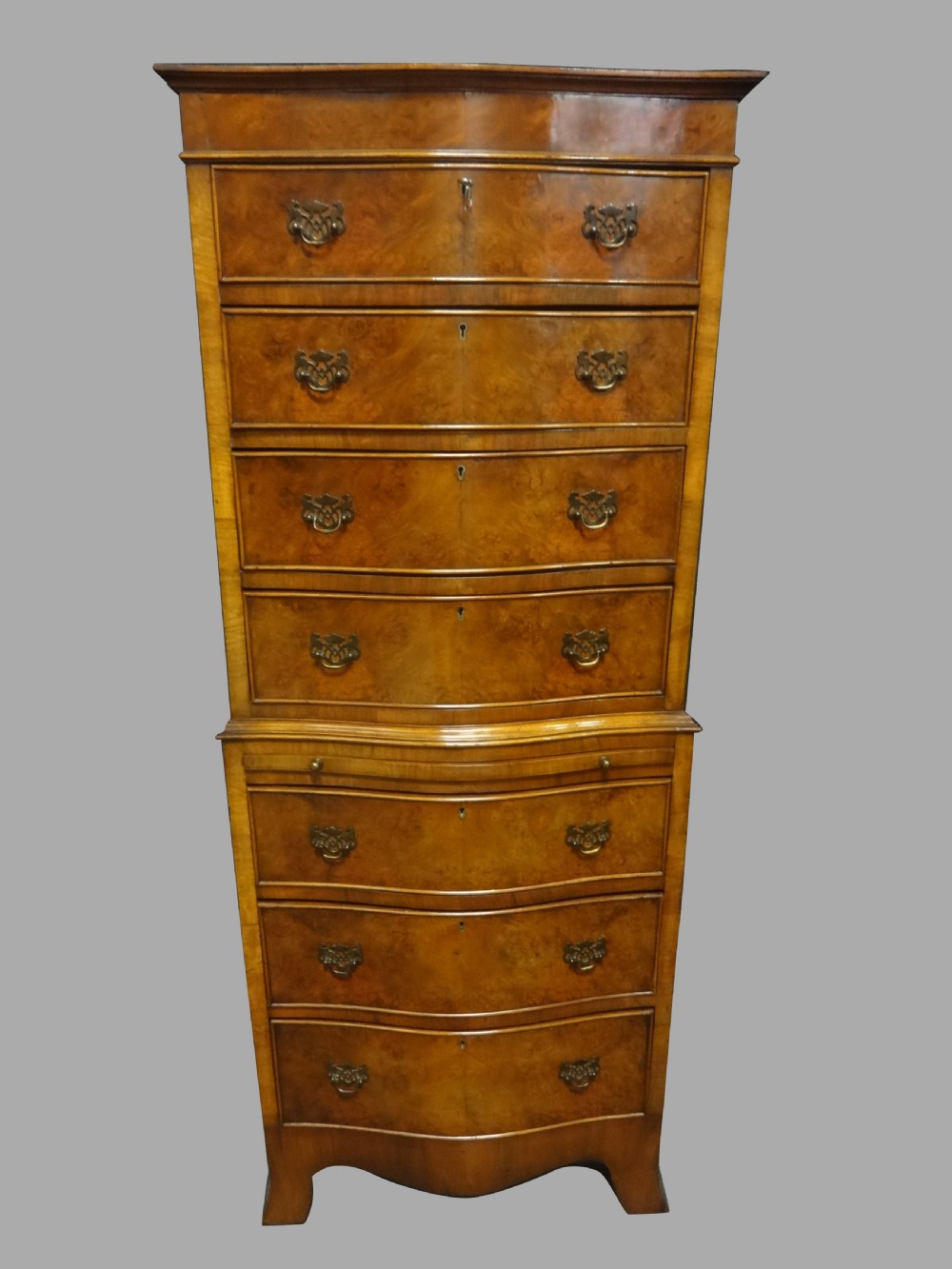 Burr Walnut Serpentine Chest on Chest of drawers
