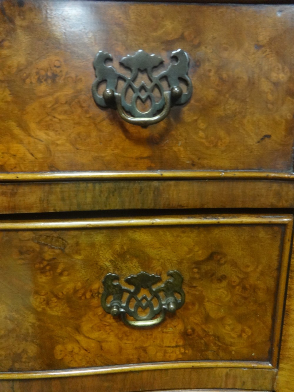 Burr Walnut Serpentine Chest on Chest of drawers View II