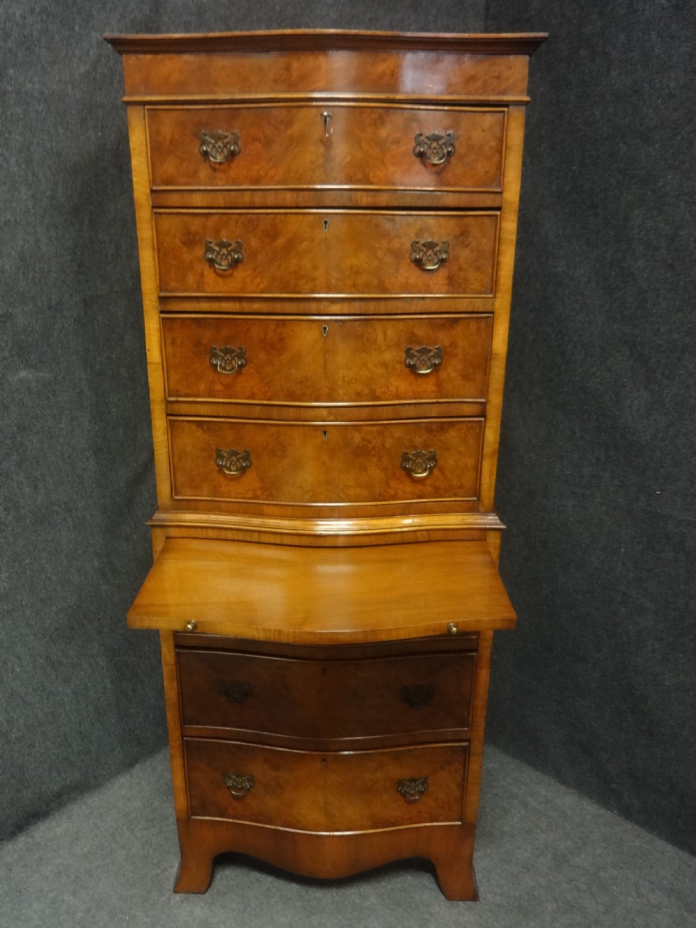 Burr Walnut Serpentine Chest on Chest of drawers View III