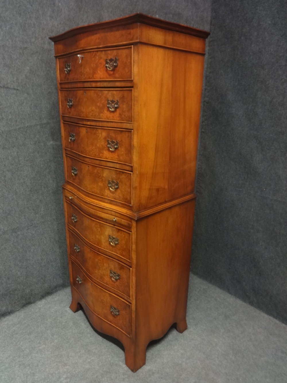 Burr Walnut Serpentine Chest on Chest of drawers View IV