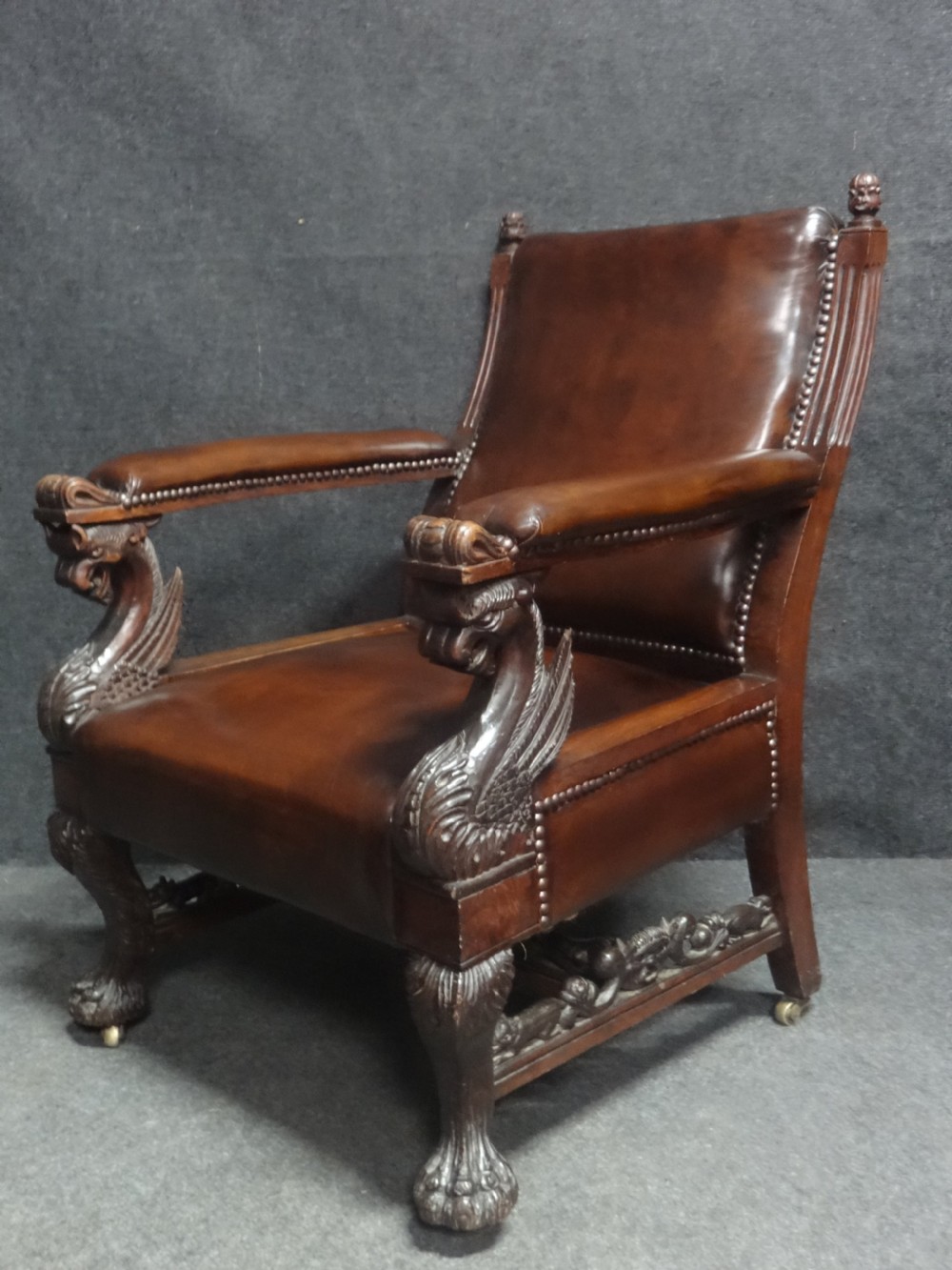 Excellent Pair Leather Covered Library Griffin Chairs View II