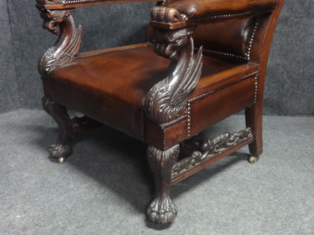 Excellent Pair Leather Covered Library Griffin Chairs View III